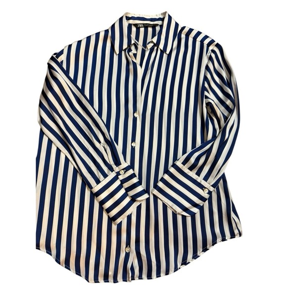 ZARA Blue White Satin Stripe Button Down Blouse | Classic Chic Work Top Sz S - Picture 6 of 8